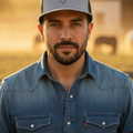 A man wearing a gray and black trucker hat with a black outline logo and a blue denim shirt, photographed outdoors against a warm, blurred background.