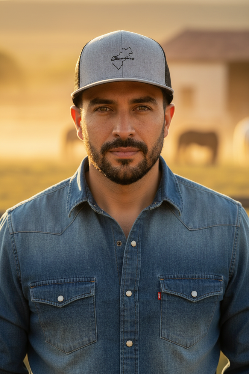 A man wearing a gray and black trucker hat with a black outline logo and a blue denim shirt, photographed outdoors against a warm, blurred background.