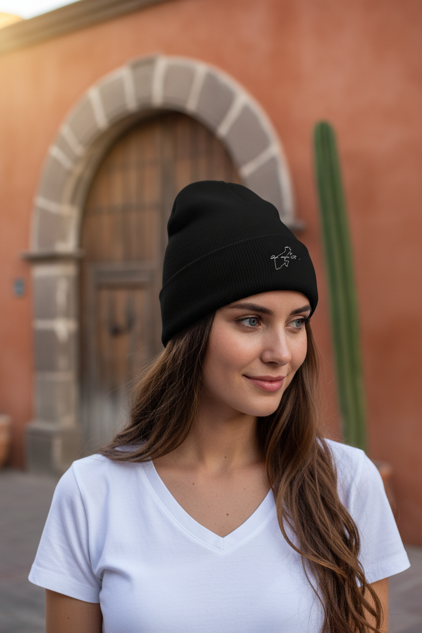 A woman wearing a Quintana Roo black knit beanie with a small white embroidered logo, standing outdoors in front of a warm-toned stucco building with a stone archway.
