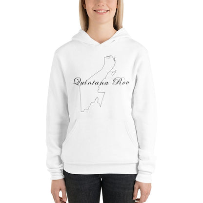 A woman wearing a white hoodie with the text 'Quintana Roo' on it.
