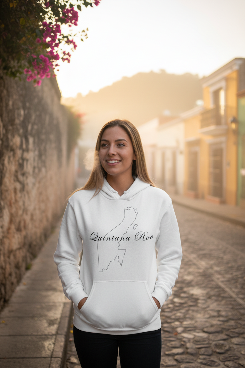 A woman wearing a white hoodie with the text 'Quintana Roo' on it.