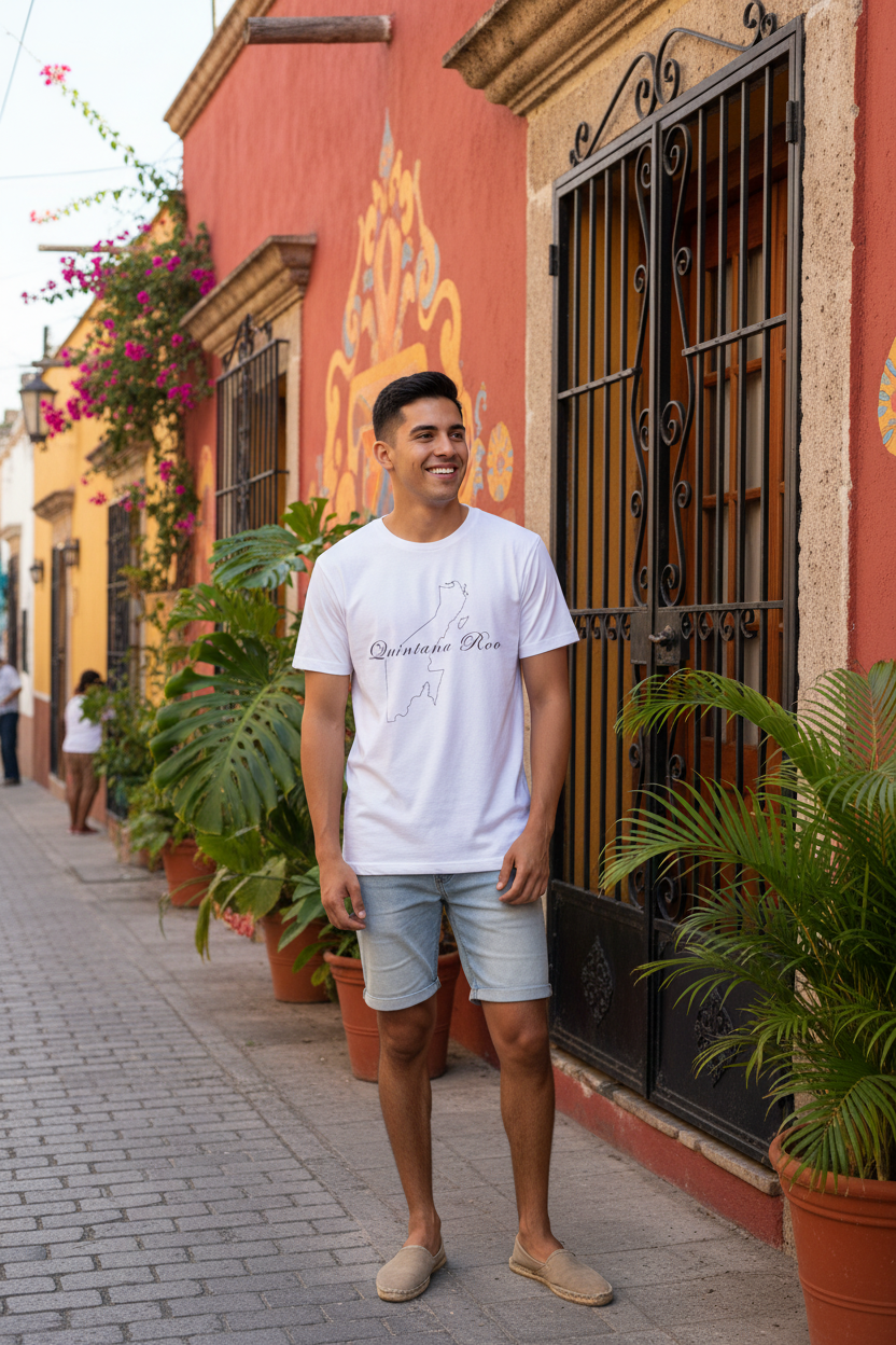 A person wearing a white, short-sleeved unisex T-shirt with 'Quintana Roo' text and a map outline in black.