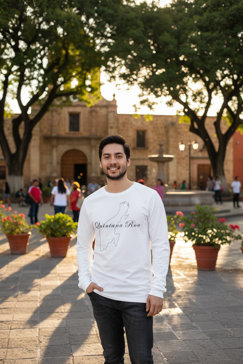 A person wearing a long sleeve white t-shirt with 'Quintana Roo' text and a graphic on the front.