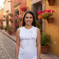 A person wearing a white unisex muscle shirt with 'Quintana Roo' text and a shape outline of the region on the front.