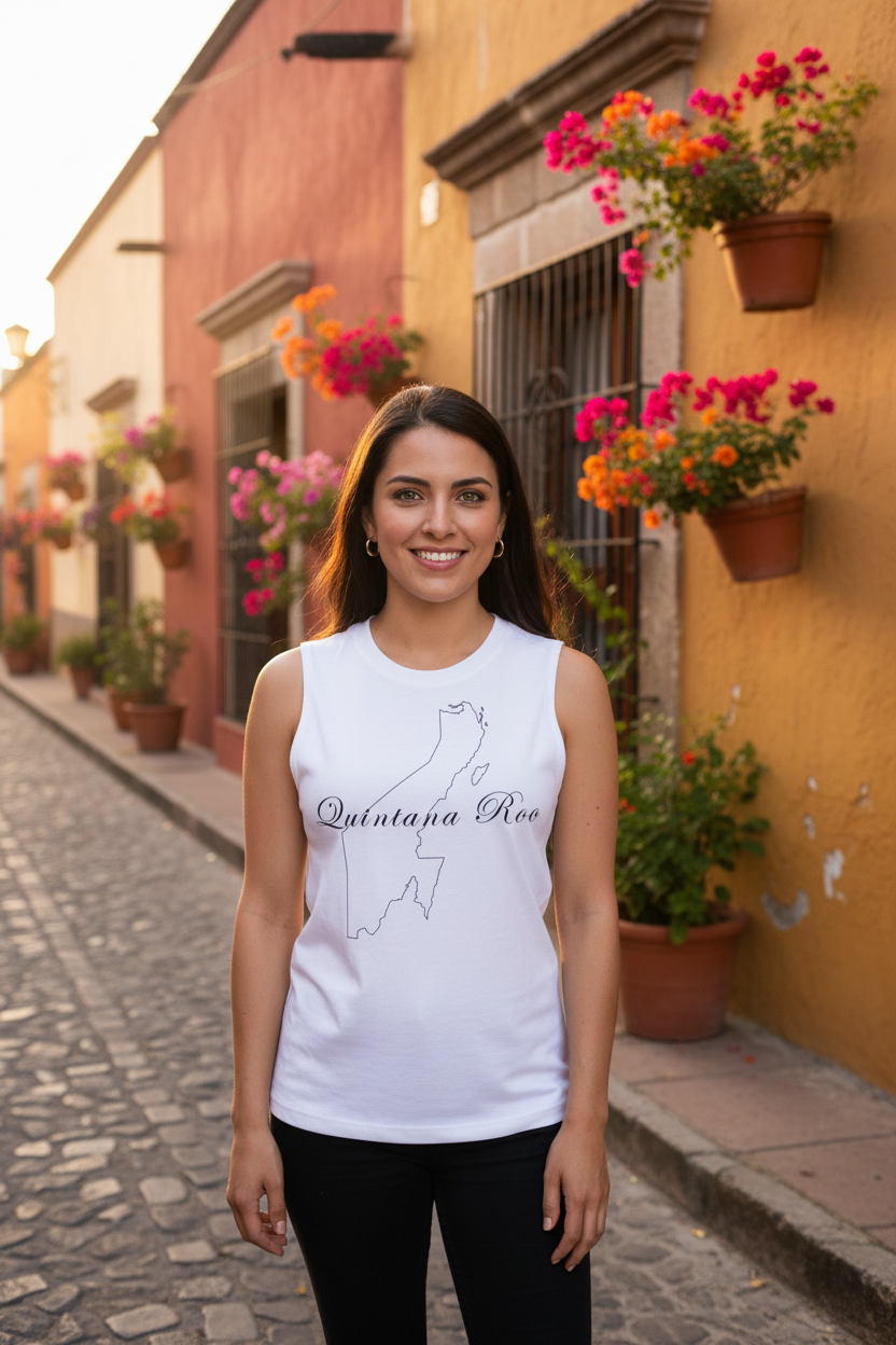 A person wearing a white unisex muscle shirt with 'Quintana Roo' text and a shape outline of the region on the front.