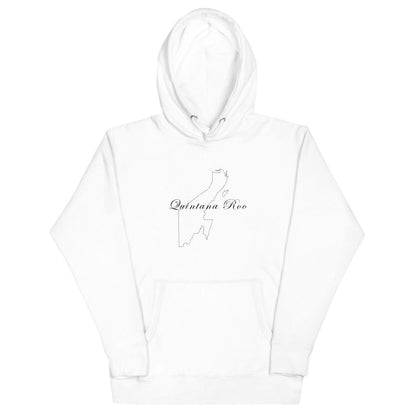 A white unisex premium hoodie with a front pouch pocket and a hood, featuring a Quintana Roo design.
