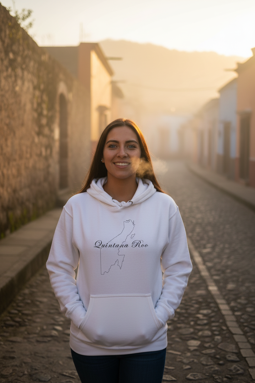 A white unisex premium hoodie with a front pouch pocket and a hood, featuring a Quintana Roo design.