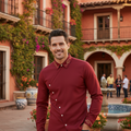 Men's embroidered western cowboy shirt, long-sleeve red button-up with pointed collar