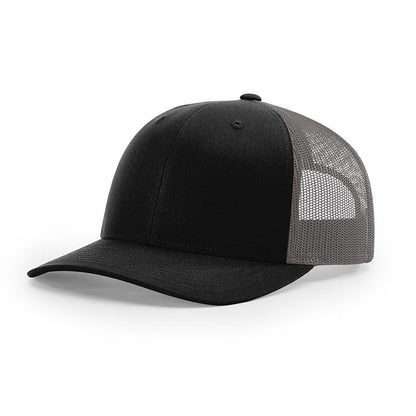 Black and gray trucker hat with curved brim and breathable mesh back.