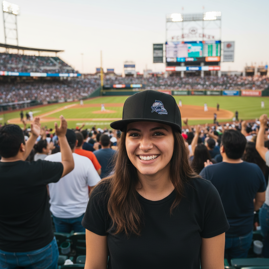 A smiling woman in a black t-shirt and black Rieleros de Aguascalientes baseball cap stands in a crowded stadium during a baseball game, with a large scoreboard and field visible in the background.