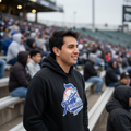 A man wearing a black hoodie with a blue and red 'Rieleros de Aguascalientes' graphic stands in a stadium crowd.