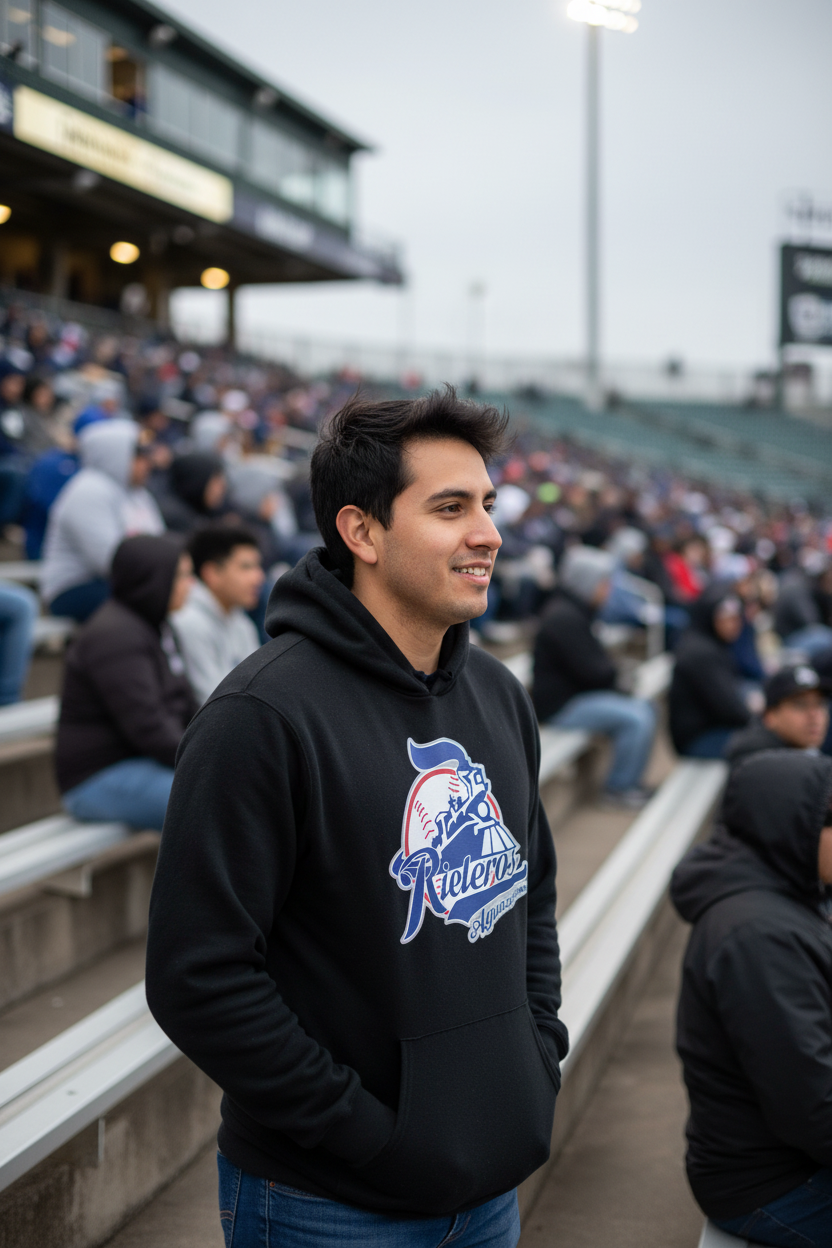 A man wearing a black hoodie with a blue and red 'Rieleros de Aguascalientes' graphic stands in a stadium crowd.