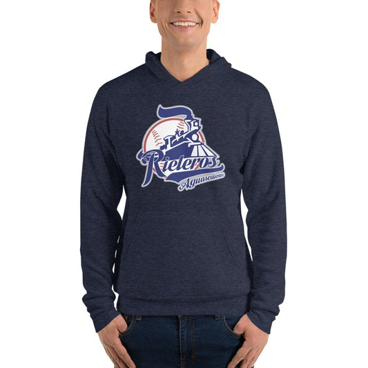 A person wearing a navy hoodie with a Rieleros de Aguascalientes  logo on the front.