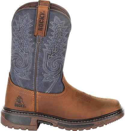 Kids' western ride FLX boot: brown with dark camo shaft and stitched western decor