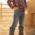 A child wearing a red and navy plaid button-down shirt, blue jeans, and brown leather cowboy boots with gray western shaft detailing, standing outdoors in a sunlit barn setting with hay and a wooden fence in the background.