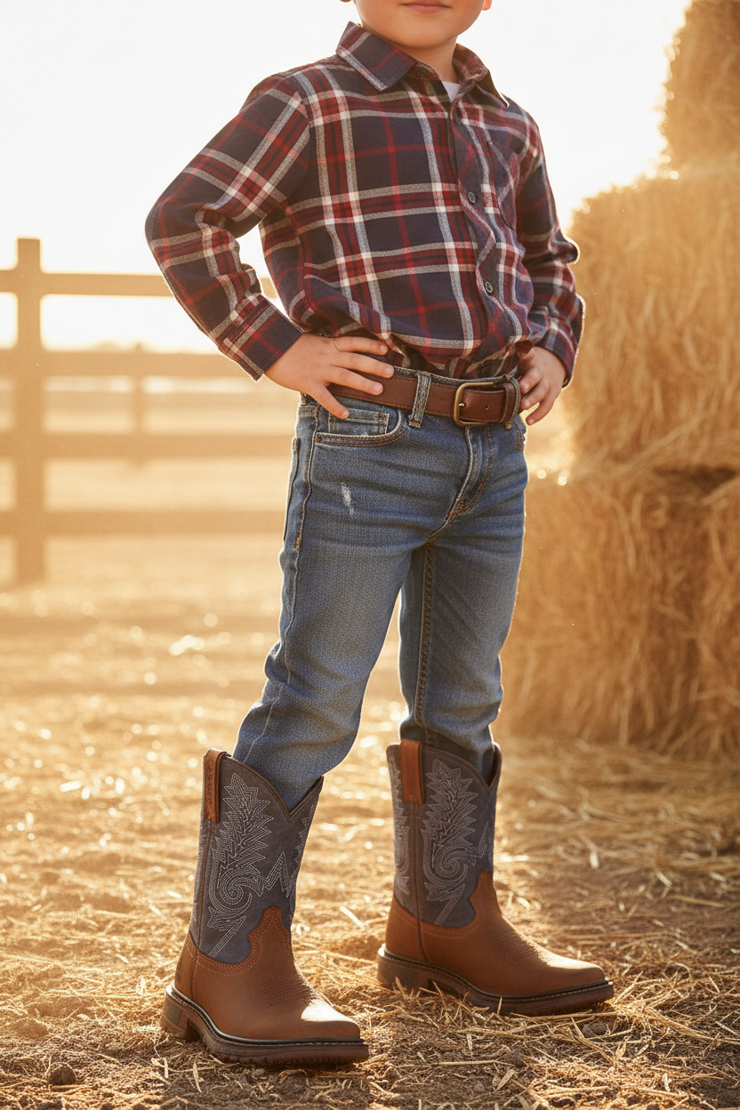 A child wearing a red and navy plaid button-down shirt, blue jeans, and brown leather cowboy boots with gray western shaft detailing, standing outdoors in a sunlit barn setting with hay and a wooden fence in the background.