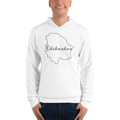A person wearing a white unisex hoodie with a graphic of the Chihuahua state map in black.