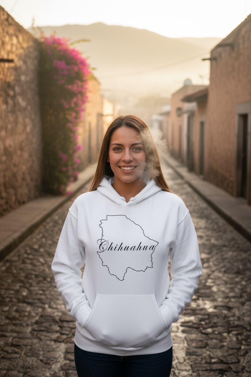 A person wearing a white unisex hoodie with a graphic of the Chihuahua state map in black.