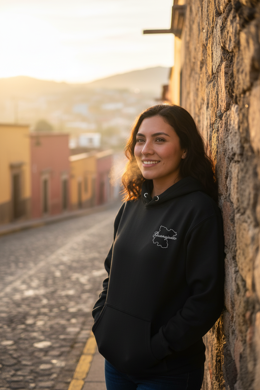 A black unisex hoodie with a graphic design on the front, displayed on a hanger.