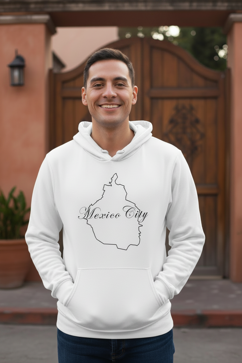 A smiling man wearing a white pullover hoodie with a black outline graphic of Mexico City and the text 'Mexico City' across the chest, standing in front of a rustic wooden gate and terracotta wall.