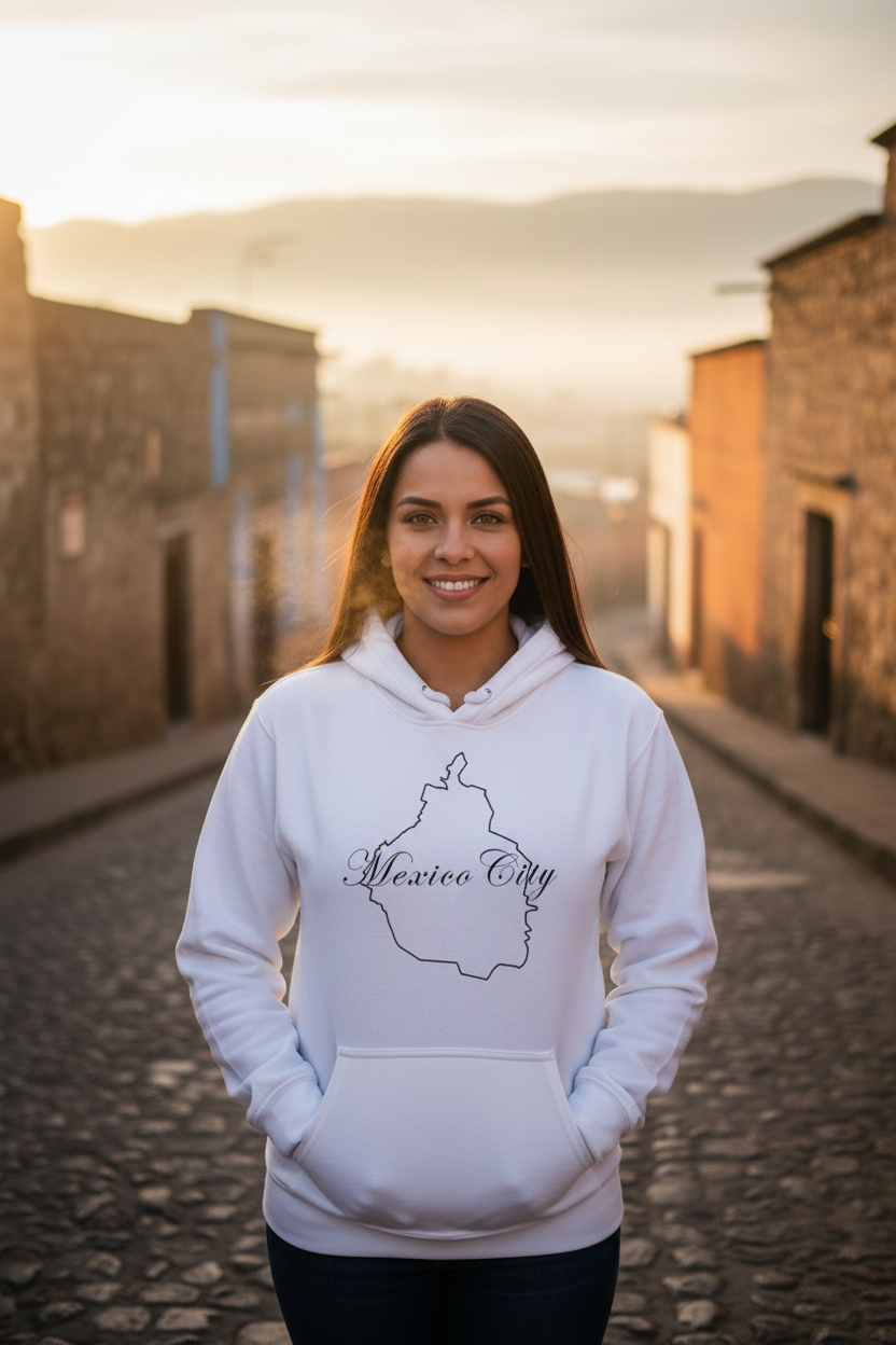A smiling woman stands on a cobblestone street wearing a white hoodie with a black outline map of Mexico City and the words 'Mexico City' printed on the front. The background shows a softly blurred outdoor town scene at sunset.