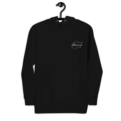 A black unisex hoodie with a hood, displayed on a hanger, featuring a graphic design in white on the upper front side.