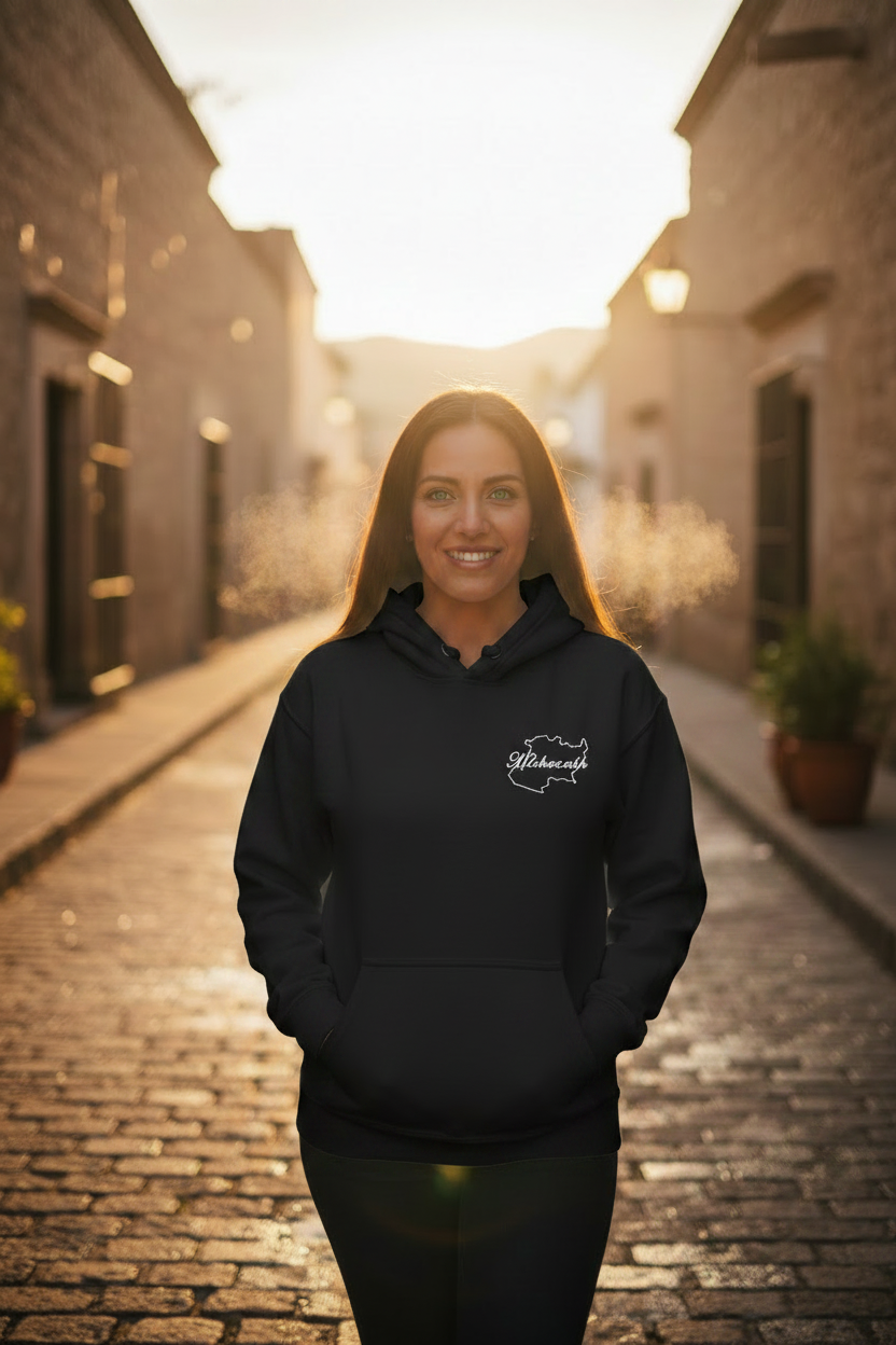 A woman stands in a sunlit cobblestone alley wearing a black hoodie with a small white script logo on the left chest. The background is softly blurred with warm golden light.