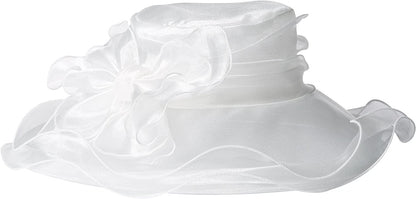 A white, dress hat with a wired brim and double bow.
