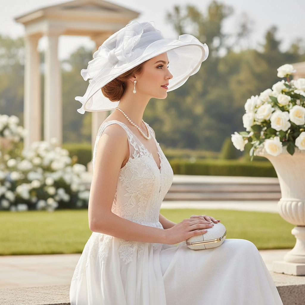 A woman in a white lace wedding dress and large white hat sits outdoors in a garden setting, holding a small white clutch.
