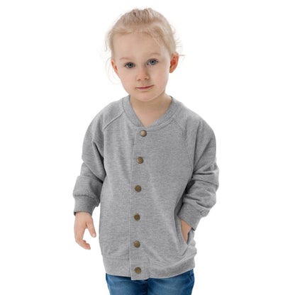 Gray baby bomber jacket with snap front and gold buttons