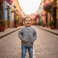 A baby wearing a gray organic cotton bomber jacket with button closure and ribbed cuffs.