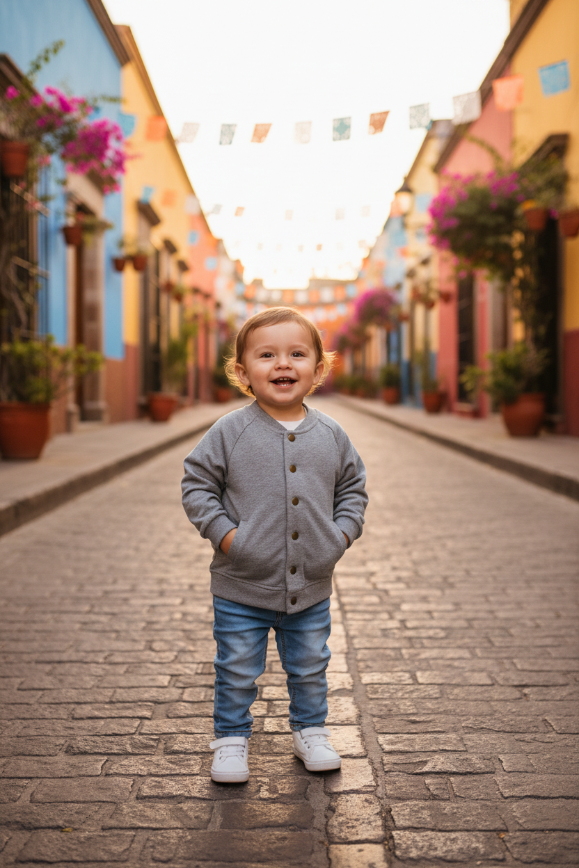 A baby wearing a gray organic cotton bomber jacket with button closure and ribbed cuffs.