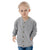 Gray baby bomber jacket with snap front and gold buttons