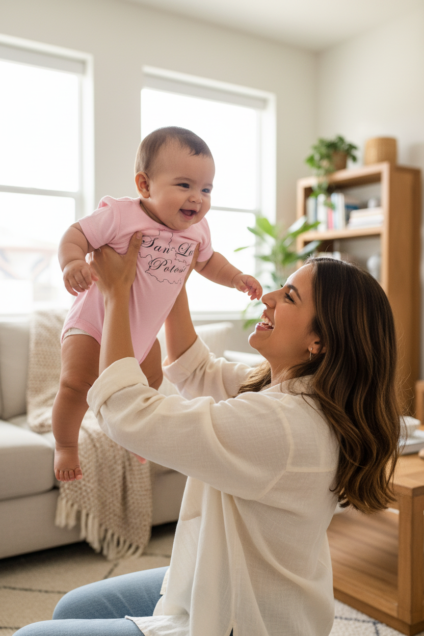 A woman in a cream long-sleeve top and blue jeans holds a smiling baby up in a bright living room. The baby is wearing a light pink onesie with the text 'Just One More' in dark script.