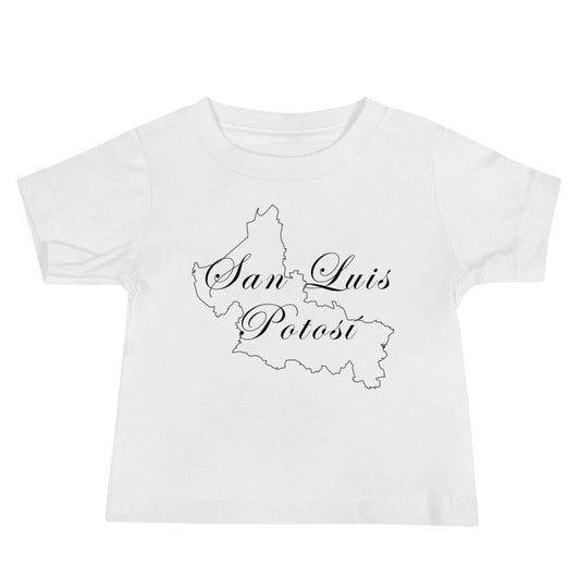 White baby short-sleeve T-shirt with 'San Luis Potosi' graphic on chest