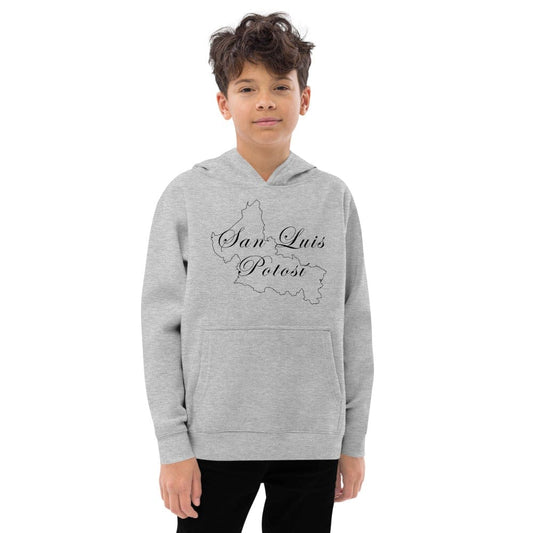 Children's gray fleece hoodie with hood, kangaroo pocket, and San Luis Potosi map graphic