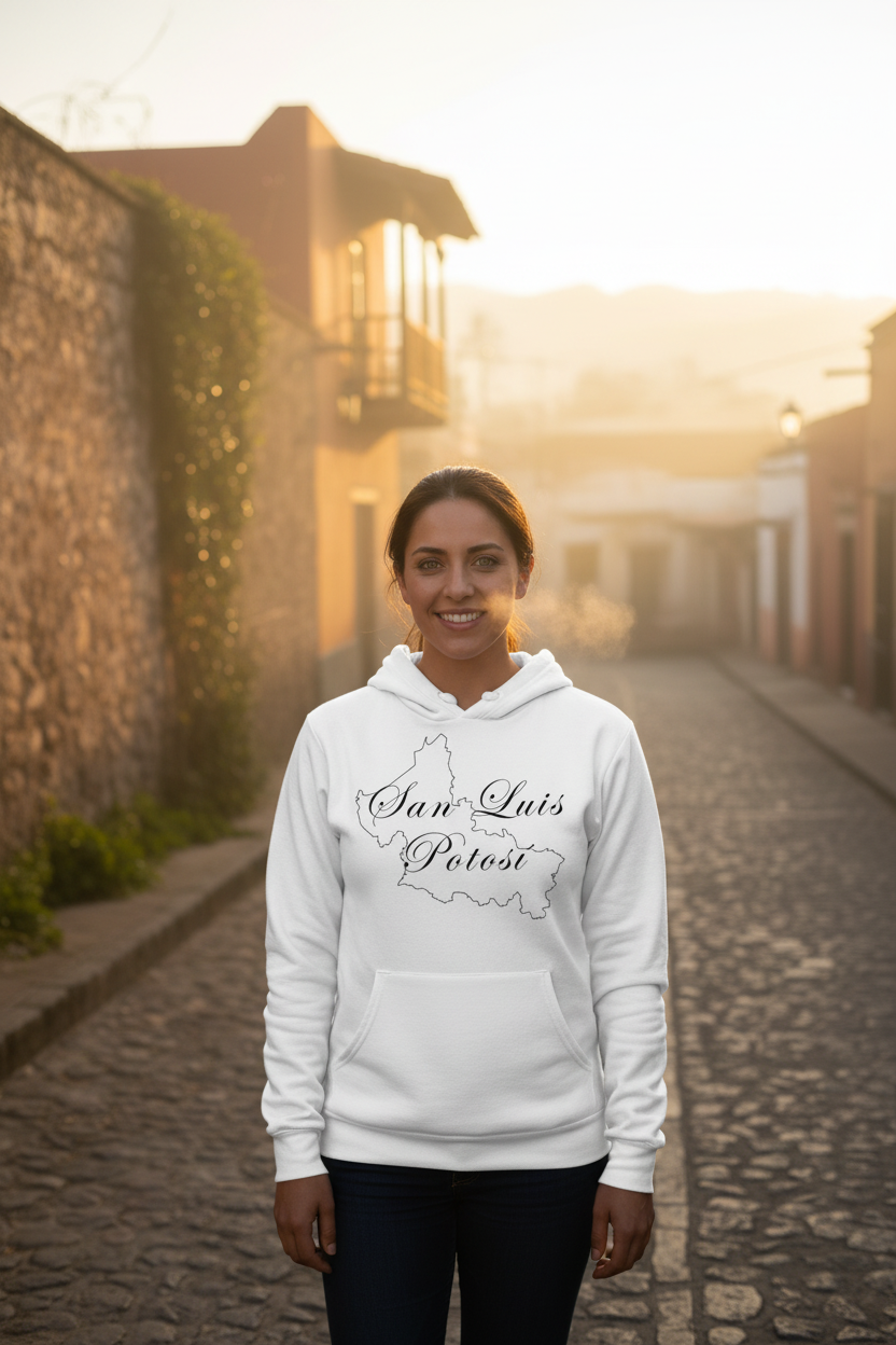 A person wearing a white hoodie with 'San Luis Potosi' written in black text on the front.