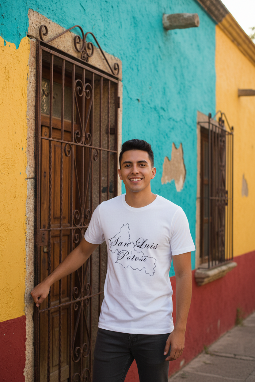 A person wearing a white short-sleeved T-shirt with 'San Luis Potosi' text printed on the front.