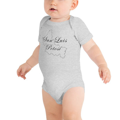 Athletic heather gray short-sleeve baby bodysuit with state outline graphic