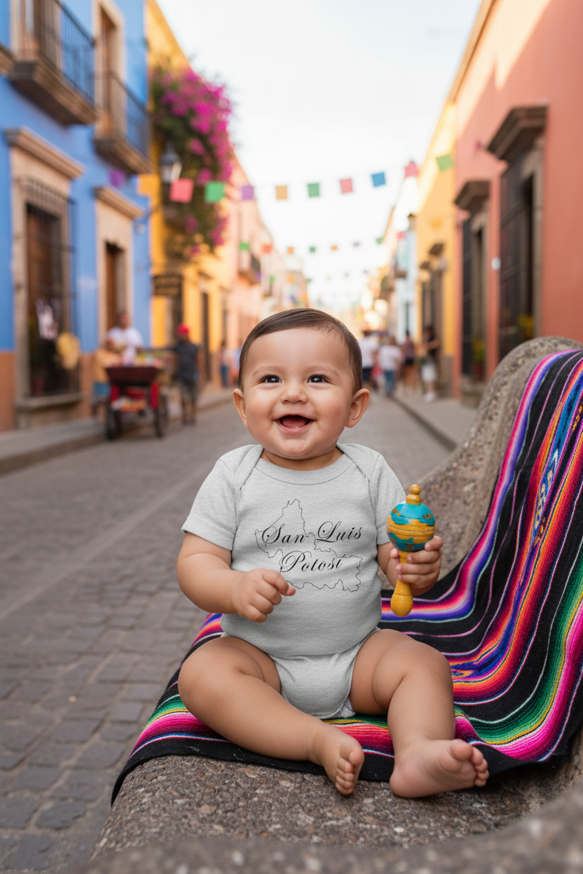 A baby wearing a short sleeve gray bodysuit with 'San Luis Potosi' text on it.