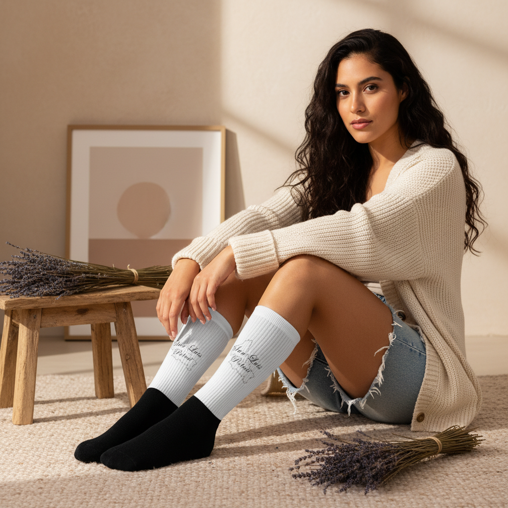 A woman sits on a beige carpet in a styled room, wearing a cream knit cardigan, denim shorts, and a pair of socks that are white on the upper leg with black on the lower leg. She is surrounded by dried lavender sprigs and a small wooden stool with a framed print in the background.