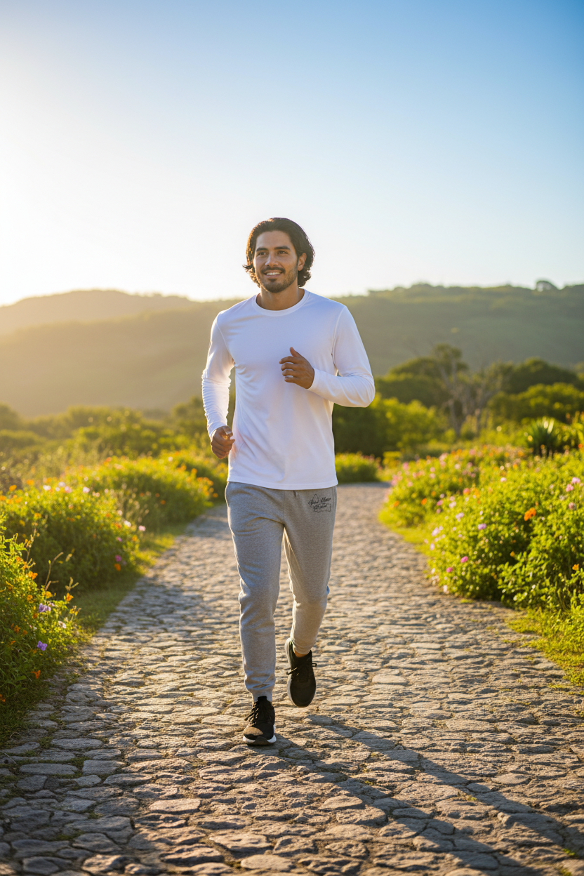 A man jogging on a cobblestone path outdoors during golden hour, wearing a white long-sleeve athletic shirt and light gray jogger pants.