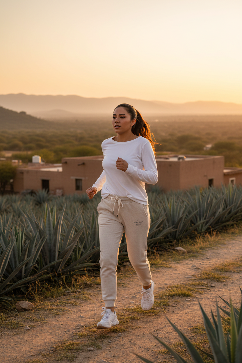 A woman jogging outdoors on a dirt path at sunset, wearing a white long-sleeve athletic top and light beige jogger pants with white sneakers. Agave plants and tan buildings are visible in the background.