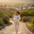 A woman jogging on a sunlit cobblestone path surrounded by greenery and distant hills, wearing a white long-sleeve top and light beige joggers.