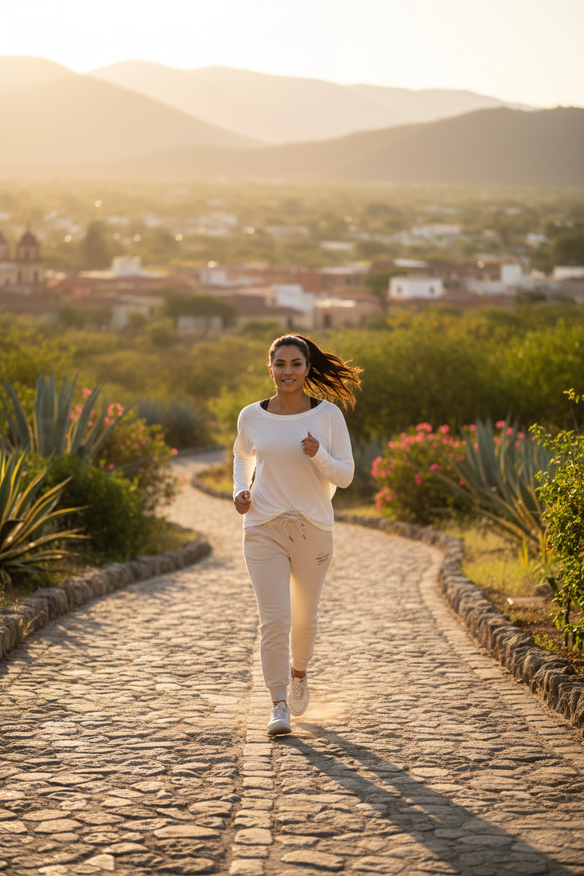 A woman jogging on a sunlit cobblestone path surrounded by greenery and distant hills, wearing a white long-sleeve top and light beige joggers.