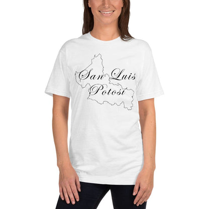 White short-sleeve T-shirt with San Luis Potosi map graphic, crew neck