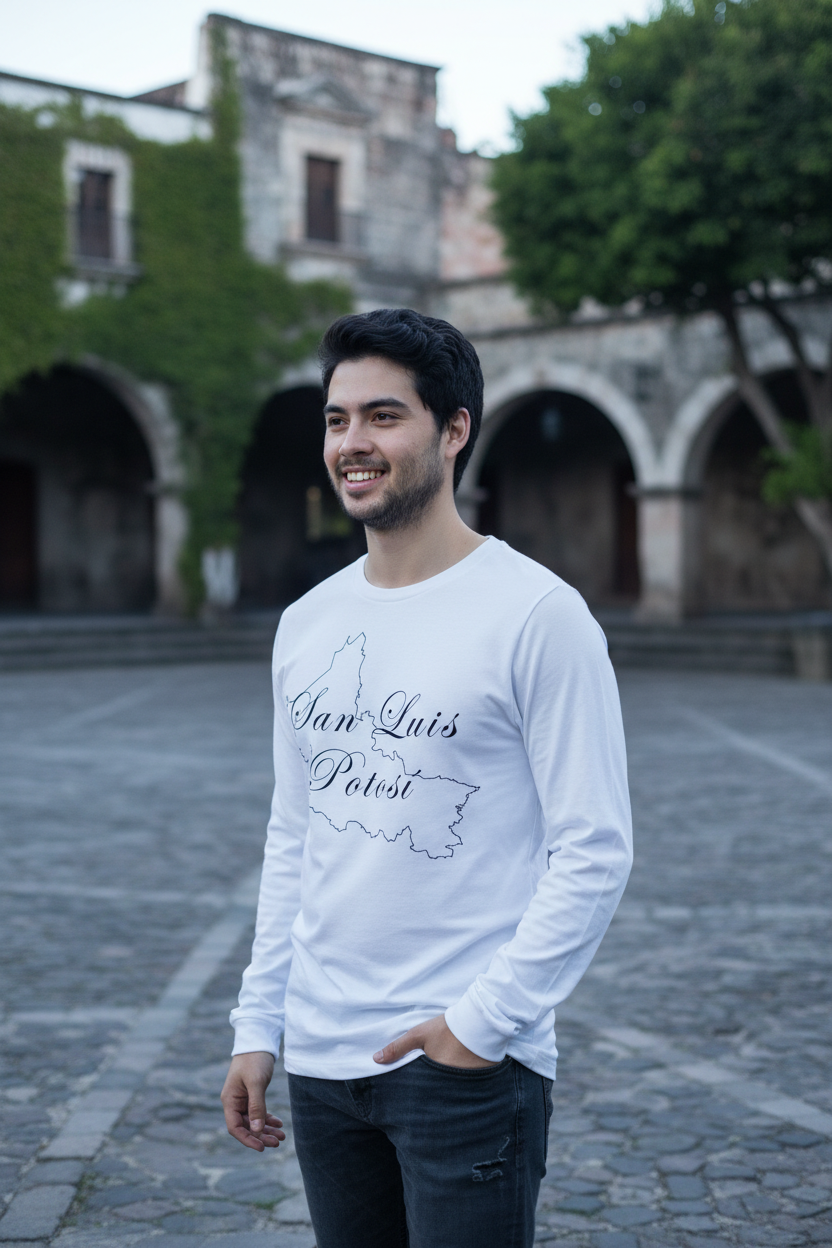 A person wearing a long sleeve white t-shirt with 'San Luis Potosi' text on the front.