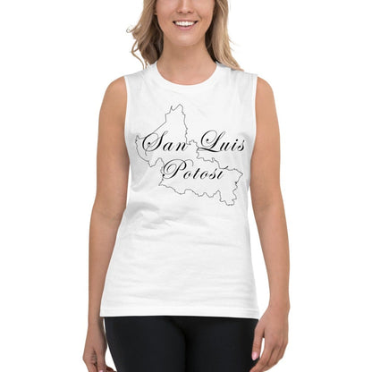 A woman wearing a white sleeveless muscle shirt with 'San Luis Potosi' text and a silhouette of the city's map.