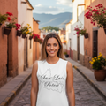 A woman wearing a white sleeveless muscle shirt with 'San Luis Potosi' text and a silhouette of the city's map.