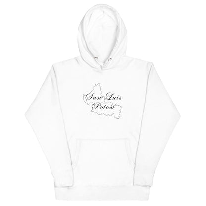 A white hoodie with 'San Luis Potosi' text and a graphic on the front, featuring a hood and pouch pocket.